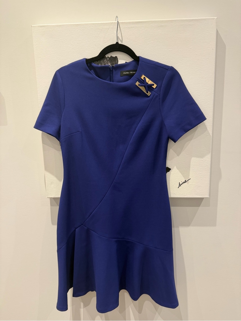 Ivanka Trump Royal Blue Short-Sleeve Mini Dress with Gold Brooch